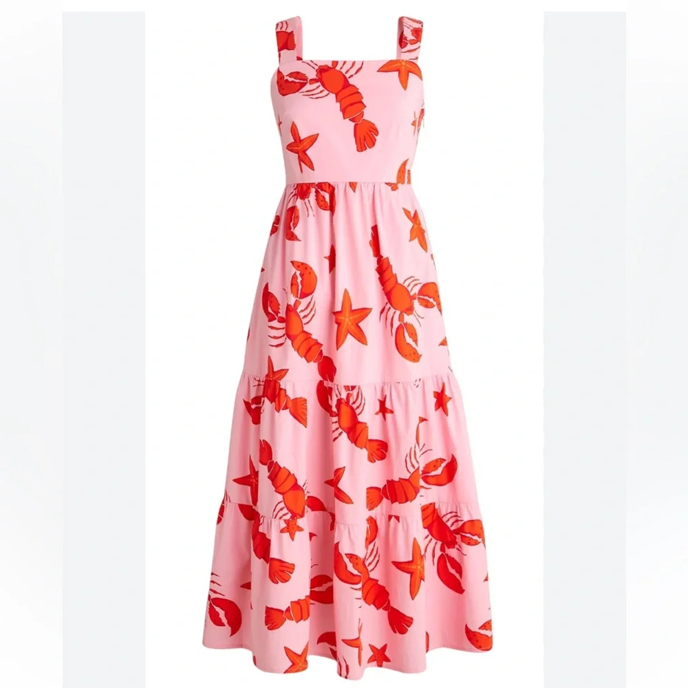 J. Crew Pink Midi Dress with Red Lobster & Starfish Print